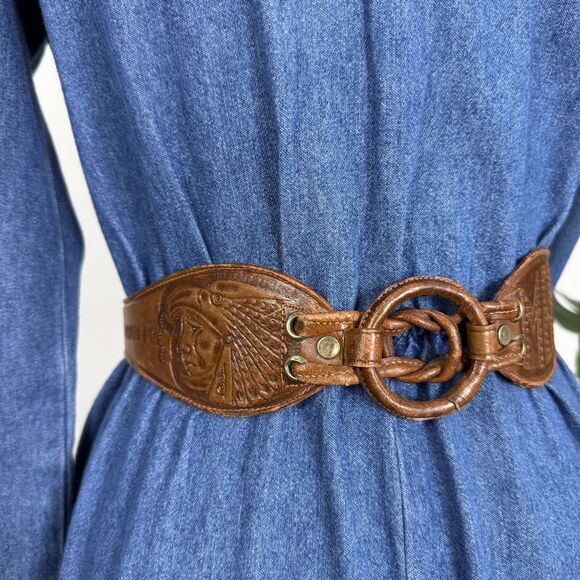 Vintage Mexico Embossed Leather Belt Wide Waist Double Ring Brown Boho Aztec main image 11